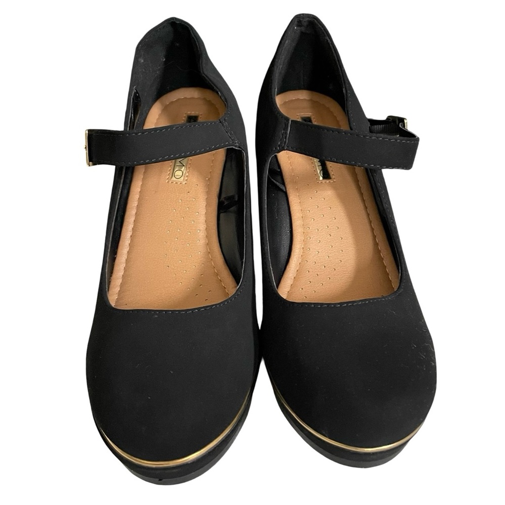 Andiamo Black Velvety & Gold Rimmed Mary Jane Wedges Size 6.5 3” Heel AClaudia - Picture 2 of 8